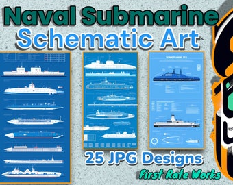 Submarine Blueprint Art - Vintage Naval Schematics - Printable Wall Art - Underwater Sub - Set of 25 Digital Downloads