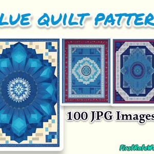 May include: Three blue quilt patterns with geometric designs. The patterns are framed in white and have a cream background. The text "100 JPG Images" is below the patterns.