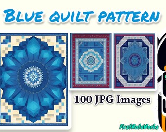 Patchwork Quilt Blankets - Printable Blue Color Crafting Patterns | Digital Download PDF | 100 AI Art Files