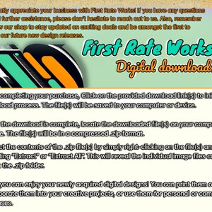Op de afbeelding: Een grafische weergave van instructies voor het downloaden van digitale bestanden met een gele, groene en zwarte achtergrond. De tekst luidt "First Rate Works Digital Downloads". De grafische weergave bevat vier genummerde stappen voor het downloaden en uitpakken van digitale bestanden.