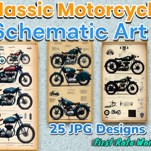 Vintage Motorrad Kunst - Klassischer Biker Blueprint - Wand Kunst Schematisch - Set mit 25 Digitalen Downloads