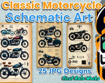 Vintage Motorcycle Art - Classic Biker Blueprint - Wall Art Schematic - Set of 25 Digital Downloads