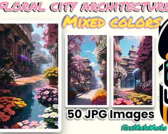 Colorful Flower City Streets | Urban Landscape Painting | City Architecture | Vibrant Nature Prints - Set of 50 Digital Downloads