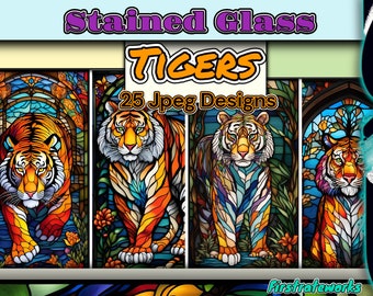 Stained Glass Window Tiger - Big Cats Animal Patterns | African & Safari Tiger Art | Colorful Glass Window - Set of 25 Digital Downloads