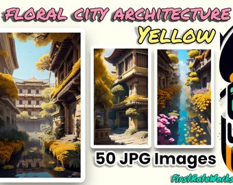 Gelbe Blumen Stadt Straßen | Städtische Blumenmalerei Sonnenblumen | Stadt Architektur | Lebendige Naturlandschaft - Set mit 50 Digitalen Downloads