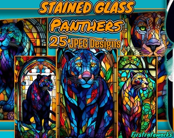 Stained Glass Window Puma - Panther Glass Art | Big Cats Animal Patterns | Colorful Glass  - Set of 25 Digital Downloads