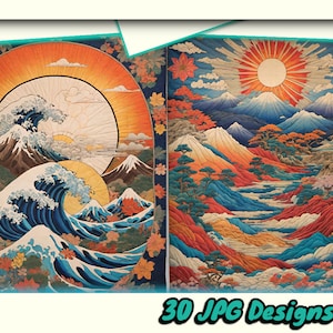 May include: Two Japanese-style paintings, one depicting a large wave crashing against a mountain with a rising sun, the other depicting a mountain range with a river flowing through it. Both paintings have a vibrant color palette with shades of blue, red, orange, and yellow.