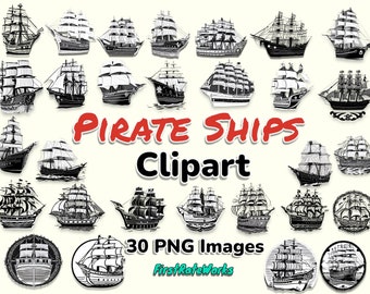 Antique Ship Clipart Bundle - 30 Black and White PNG Digital Downloads - Pirate Ship Illustrations for Crafts, Design, and Line Art