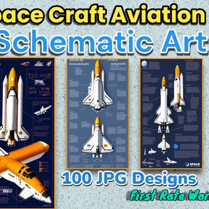 Könnte beinhalten: Drei farbenfrohe Poster mit Illustrationen von Raumschiffen, darunter das Space Shuttle, mit detaillierten Informationen zu jedem Raumschiff. Die Poster haben einen dunkelblauen Hintergrund mit weißem Text und sind mit "Space Craft Aviation Schematic Art" betitelt. Der Text "100 JPG Designs First Rate Works" befindet sich am unteren Rand des Bildes.