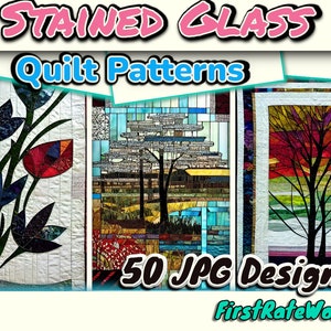 Könnte beinhalten: 50 Patchworkmuster aus Buntglas im JPG-Format. Die Designs zeigen eine Vielzahl von bunten floralen, baum- und landschaftsmotiven. FirstRateWorks.