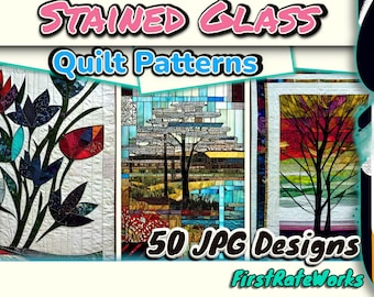 Lebendige Glasmalerei Quilt Patterns | Blumen Patchwork Designs | Kreuzstich | Bunte Naturlandschaften | 50 JPG-Datei - Instant Download