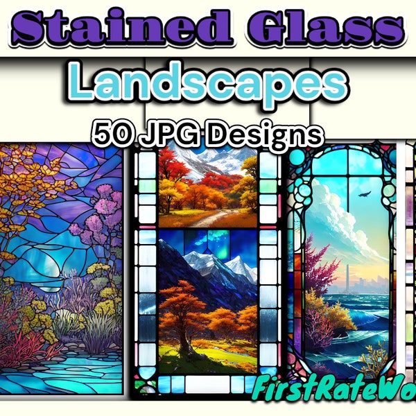 Nature Landscape Stained Glass Window Patterns | Cathedral Glass Art | Colorful Glass Window - Set of 50 Digital Downloads