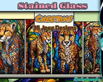 Stained Glass Window Cheetah - Big Cats Animal Pattern | African & Safari Cat Art | Colorful Glass Window - Set of 25 Digital Downloads