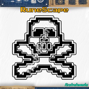 Puede incluir: Gráfico de calavera y huesos cruzados pixelado en blanco y negro con el texto "RuneScape" arriba.