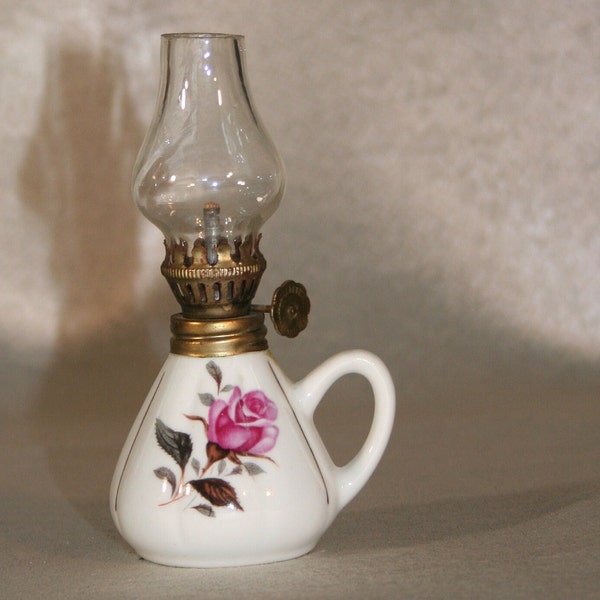 Vintage 4.25" inch White Miniature Oil Lamp with Pink Flowers