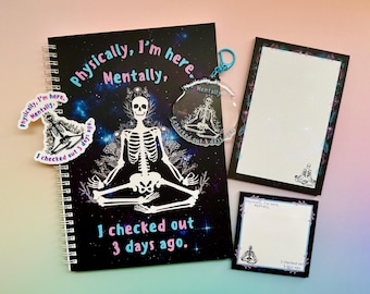 Whimsical Skeleton Stationery Set | Funny Mental Health Themed Office Supplies for Escaping Reality