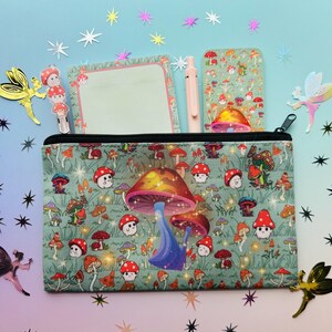 Mushroom Village Pencil Case: Cottagecore Canvas Pouch