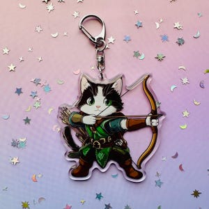 Tuxedo Cat Archer Acrylic Keychain: Fantasy Cosplay Kitty Charm for Pet Lovers & Gamers