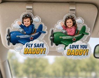 Clip para visera de coche con foto de avión personalizada, regalo personalizado y adorable para el Día del Padre con temática de piloto, recuerdo familiar de acrílico, ¡Vuela seguro, papá!