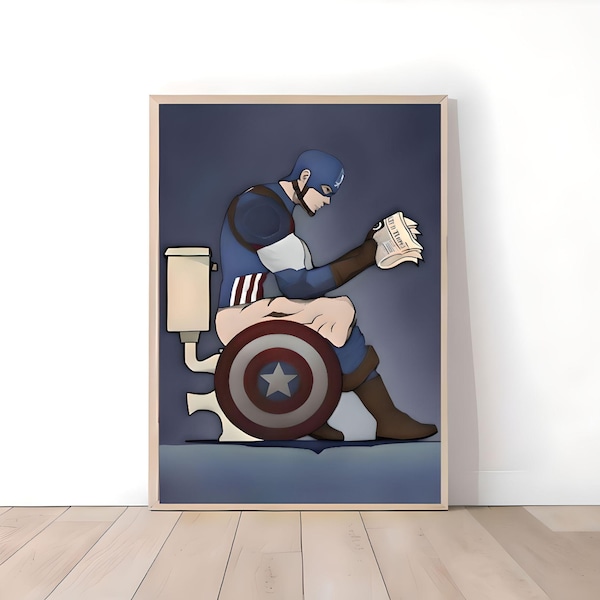 Captain America On The Toilet Poster / Marvel Comics Humorous Superhero Prints Digital Download Room Decor Home Decor