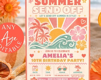 Invito di compleanno per la festa di fine estate in stile retrò tropicale sulla spiaggia. Modello Canva modificabile per bambini, download immediato. Codice articolo: 260568.