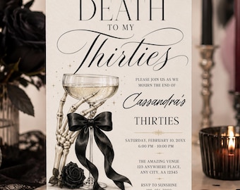 Invito per il 40° compleanno "Morte ai miei trent'anni", invito per festa con champagne e scheletro gotico, modello Canva modificabile con fiocco nero per donne 260684