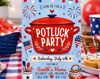 Invitation modifiable pour un repas-partagé le 4 juillet (Modèle Canva) 260320