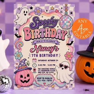 May include: A rectangular birthday invitation card featuring a retro-style design with ghosts, a disco ball, a pink pumpkin, and flowers. The text reads Spooky Birthday, Nancy's 7th Birthday, Saturday, October 24, 2:00 PM - 5:00 PM, and RSVP to Dahlia.