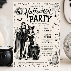 May include: A rectangular Halloween party invitation template featuring black ink illustrations of a vampire and witch, a cauldron, a black cat, and a disco ball. The text reads: Please join us for a Halloween party, let's eat, drink & be scary.