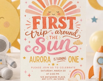 First Trip Around the Sun 1st Birthday Invitation, Watercolor Sunshine First Birthday Theme Party Invite, Editable Canva Template 260676