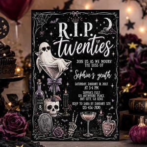 May include: A rectangular invitation card with a black chalkboard background featuring white hand-drawn illustrations of a ghost in a martini glass, a skull, a tombstone, and potions. The text reads R.I.P. twenties, join us as we mourn the loss of Sophia's youth.