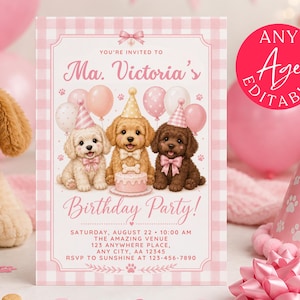 Pode incluir: Um modelo de convite de aniversário retangular com borda xadrez rosa e três filhotes ilustrados usando chapéus de festa. O texto diz: You're invited to Ma. Victoria's Birthday Party, Saturday, August 22, 10:00 AM, The Amazing Venue, 123 Anywhere Place, Any City, AA 12345, RSVP to Sunshine at 123-456-7890.
