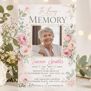 May include: A rectangular funeral program template featuring the text In Loving Memory, a central photo frame, and floral illustrations in shades of pink and green. The design includes placeholders for a name, dates, and service details.