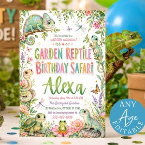 May include: A rectangular birthday invitation card featuring watercolour illustrations of a chameleon, snake, turtle, frog, and lizard surrounded by flowers. The text reads Garden Reptile Birthday Safari, Alexa, Saturday May 14th at 3:30 PM, The Backyard Garden, 125 Meadow Lane, CITYHERE, ST 12345, RSVP to Emma by September 1st, 555-482-1936.