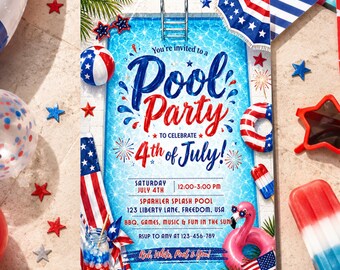 Invitation fête de piscine du 4 juillet, invitation patriotique d'été à la piscine, modèle 4 juillet rouge blanc bleu sur toile, téléchargement modifiable 260319