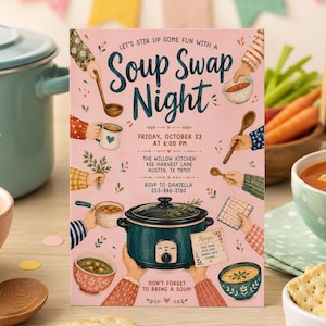 Soup Swap Night Invitation, Cozy Fall Potluck Dinner Theme Party Invite, Thanksgiving Party Editable Canva Template, Digital Download 260659