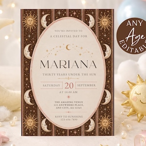 Op de afbeelding: Een rechthoekige uitnodigingskaart met een donkerbruine rand met gouden zon- en maanillustraties. Het midden heeft een ovaal crèmekleurig gebied met de tekst: You're invited to a celestial day for Mariana, thirty years under the sun, Saturday 20 September at 10:00 AM, the amazing venue, 123 anywhere place, any city, AA 12345, RSVP to sunshine 123-456-7890.
