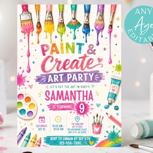 以下が含まれることがあります： 上部に絵の具が垂れるカラフルな絵筆、パレット、絵の具チューブが描かれた長方形のアートパーティー招待状テンプレート。Paint & Create Art Party、Samantha is turning 9という文字と、日時や場所などのイベント詳細が記載されています。デザインには星、ハート、絵の具の飛び散りが含まれています。