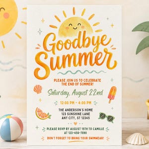 Einladung zur Abschieds-Sommerparty, Poolparty zum Sommerende, bearbeitbare Canva-Vorlage mit Aquarell-Sonnenschein für die Schulanfangsparty 260788
