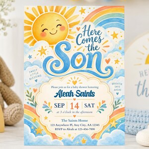 Puede incluir: Una tarjeta de invitación rectangular para baby shower con un sol amarillo sonriente, un arcoíris y nubes azules. El texto dice Here Comes the Son, Aleah Saints, Sep 14 Sat, at 3 o'clock in the afternoon, The Saints Home, 123 Anywhere Pl, Any City, AA 12345.