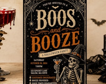 May include: A rectangular Halloween party invitation card featuring a black background with gold and orange text that reads BOOS and BOOZE A HALLOWEEN PARTY. The design includes a skeleton wearing a witch hat, spiderwebs, and event details.