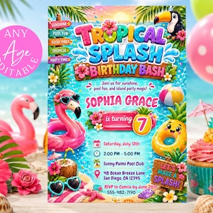 Pu&ograve; includere: Un biglietto d'invito di compleanno rettangolare a tema tropicale con un tucano, un salvagente a forma di fenicottero rosa, un salvagente a forma di ananas e fiori di ibisco. Il testo recita Tropical Splash Birthday Bash, Sophia Grace is turning 7, e include i dettagli dell'evento come data, ora e luogo. Il design &egrave; su uno sfondo d'acqua blu con foglie di palma.