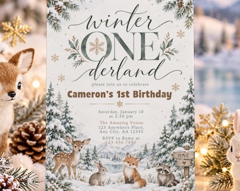 May include: A rectangular birthday invitation card featuring the text winter ONE derland, Cameron's 1st Birthday, and event details. The design includes illustrations of a deer, rabbit, fox, and raccoon in a snowy forest setting with pine trees.