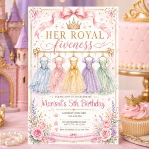 Ihre königliche Fünfheit Geburtstagseinladung Prinzessin 5. Geburtstag Mädchen einladen, Märchenkleid Thema Party Canva Vorlage bearbeitbar Download 260427