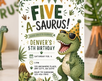 Five A-Saurus 5th Birthday Invitation, Dinosaur 5th Birthday Celebration T-Rex Jungle Theme Party Invite, Editable Kids Canva Template260626
