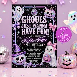 Inbjudan till Halloweenfest med skimrande spöken och spöken, redigerbar Canvasmall för flickor, pastellfärgad disco 260792