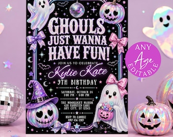 Invito di compleanno "Ghouls Just Wanna Have Fun" con fantasmi iridescenti, festa di Halloween a tema discoteca pastello, modello Canva modificabile per ragazze 260792