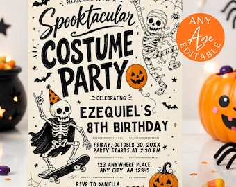 Invito per festa in maschera da brivido, invito di compleanno di Halloween con scheletro e skateboard, modello Canva modificabile per ragazzi e bambini 260809