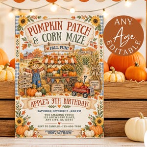 May include: A rectangular invitation template featuring a pumpkin patch and corn maze illustration with a scarecrow, pumpkins, and a red wagon. Text includes PUMPKIN PATCH & CORN MAZE, FALL FUN!, APPLE'S 9TH BIRTHDAY, and event details.