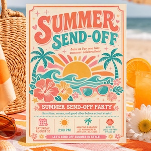 Op de afbeelding: Een rechthoekige uitnodigingsflyer voor een feest met de titel Summer Send-Off in retro typografie. Het ontwerp bevat een zonsondergang, palmbomen, hibiscusbloemen en een zonnebril in roze, oranje en blauwgroene tinten met evenementdetails.